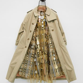 Nick Cave, Hustle Coat, 2014, Mixed media including trench coat, cast bronze hand, metal, costume jewelry, watches and chains, 59