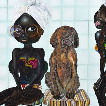 Ndidi Emefiele, 2 girls and a dog (detail), 2017, Acrylic, printed paper-cut-outs, clock bezel, compact disk, textile embellishment on canvas, 39” x 31”, Collection of Beth Rudin DeWoody. Courtesy of the Artist and Rosenfeld Porcini Gallery, London