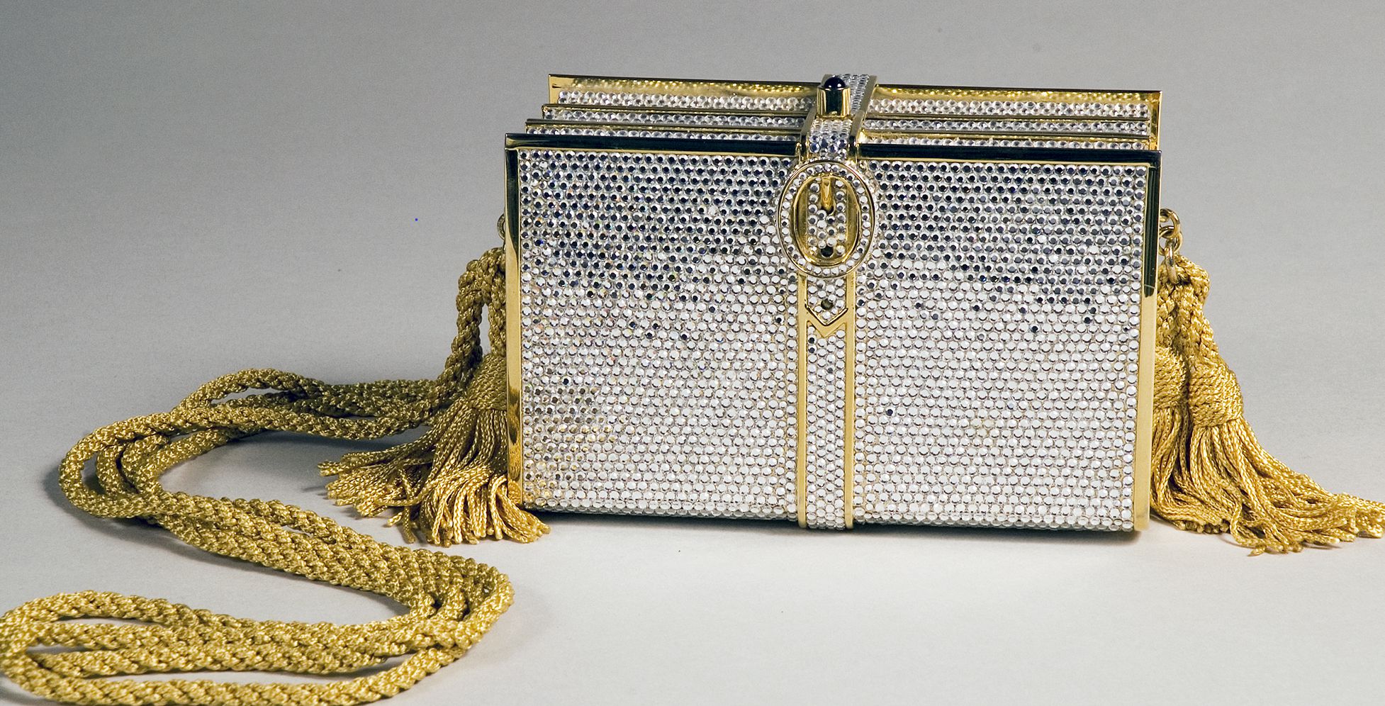 JUDITH LEIBER Crystal Money Bags Minaudiere Clutch Gold | FASHIONPHILE