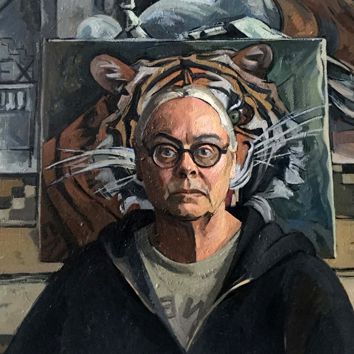 Janet Niewald (American, b. 1953), Self-portrait: Stacked - Ex/En/Ne (detail), 2016-17, Oil on linen, 30” x 24”, Courtesy of the Artist

