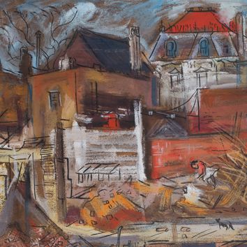 Corrie Parker McCallum (1914–2009), Demolition of  . . . Hotel (detail), c. 1957, Casein and ink on board, 23½ x 29⅜ in., The Johnson Collection, Spartanburg, South Carolina