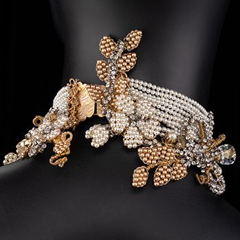 Mindy Lam, Golden Imperial Fantasy: Pearl Choker, 14kt. gold-filled wire, silver copper wire, wire, Swarovski crystal pearls, Swarovski crystals, assorted vintage brooches, vintage rhinestones, Courtesy of the Artist