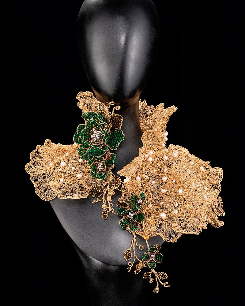 Mindy Lam, Golden Imperial Fantasy: Metal Lace Cape, 14kt. gold-filled wire, Swarovski crystals, freshwater pearls, Courtesy of the Artist