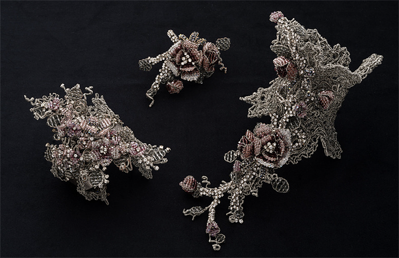 Mindy Lam, Sterling Garden: Ring and Metal Lace Cuffs, Sterling silver, silver copper wire, Swarovski crystals, vintage rhinestones, Courtesy of the Artist