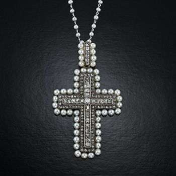 Madonna - Antique natural pearl, mine and rose- cut diamond, platinum cross pendant necklace, Circa 1950, Courtesy of Neil Lane Couture