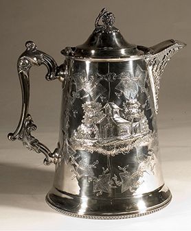 Unknown Maker (American), Lemonade or Chocolate Pot, undated, Engraved repousse silverplate hollowware, Taubman Museum of Art, Gift of the Estate of Peggy Macdowell Thomas, 2002.127