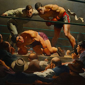 Robert Riggs (American, 1896-1970), The Brown Bomber, 1938, Tempera on panel, Taubman Museum of Art, Acquired with funds provided by the Horace G. Fralin Charitable Trust, 2000.003