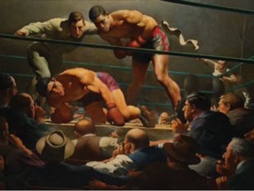 Robert Riggs (American, 1896-1970), The Brown Bomber, 1938, Tempera on panel, 31