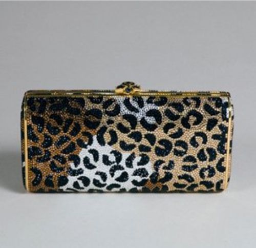Judith Leiber (Hungarian, born 1921), Cheetah-Pattern Minaudiere Handbag, 1990, Multicolored rhinestones, onyx, gold plate, 4