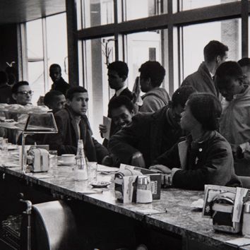 Danny Lyon (b. 1942), Sit-in, Atlanta, with the SNCC Staff (detail), 1964, Vintage contact print, Collection of Walter and Sally Rugaber, Photo by Kyra Schmidt