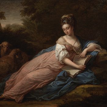 Angelica Kauffmann (Swiss, 1741–1807), A Portrait of Mary Tisdal Reading (detail), c. 1771–72, oil on canvas, 24 3/4 x 29 3/4 in. (62.9 x 75.6 cm), Joslyn Art Museum, Omaha, Nebraska, Museum purchase with funds from The Jack Drew Art Endowment Fund for 18th- and 19th-Century Art, 2016.9. Photograph © Bruce M. White, 2019