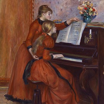 Painting of a woman teaching a girl how to play the piano