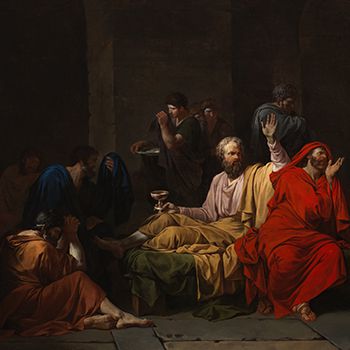 Jean-François-Pierre Peyron (French, 1744–1814), The Death of Socrates (detail), 1788, oil on canvas, 39 x 53 1/2 in. (99.1 x 135.9 cm), Joslyn Art Museum, Omaha, Nebraska, Museum purchase with additional funds from the Robert H. and Mildred T. Storz Trust; E. James and Norma Fuller; Joseph and Lenore Polack; First National Bank of Omaha; The Ethel S. Abbott Charitable Foundation; Jacqueline Vrana; and Thomas and Cynthia McGowan, 1999.55. Photograph © Bruce M. White, 2019