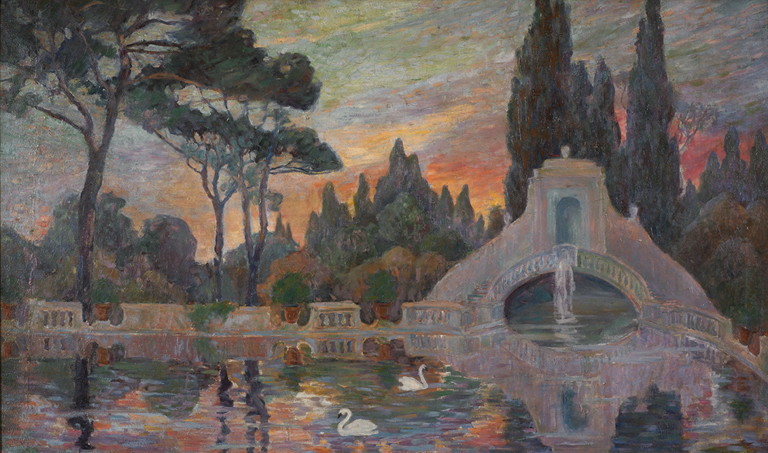 Louis Comfort Tiffany (American, 1848-1933), The Fountain of Laurelton Hall, n.d., oil on canvas, 27 ½ x 46 ½ inches, Courtesy of the Nassau County Museum of Art