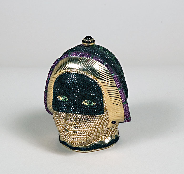 Judith Peto Leiber, Venetian Masked Lady Handbag, 1989, multicolored Swarovski crystals, gold plate, 5 x 3 1/2 x 3 1/2 in., gift of Rosalie and Sydney Shaftman, 2008.037