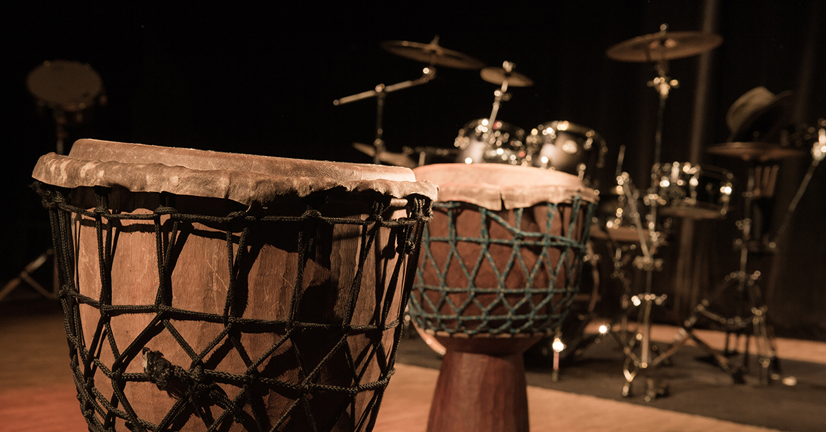 Traditional wooden african djembe drum on stage