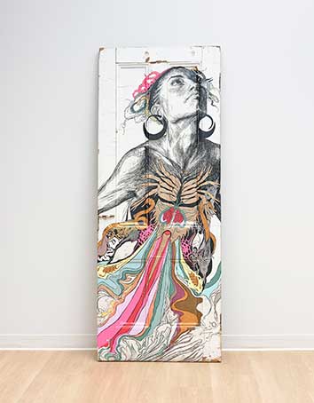 Swoon (Caledonia Curry) (American, born 1977), Thalassa, 2020, silkscreen with hand-painted acrylic gouache on paper mounted to wooden door, published by unknown, Collection of the Jordan Schnitzer Family Foundation