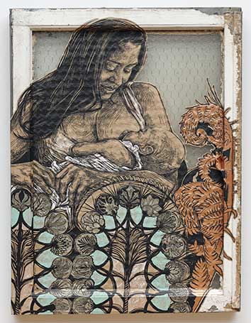 Swoon (Caledonia Curry) (American, born 1977), Dawn and Gemma, 2017, silkscreen and acrylic gouache on paper and found object (glass and wood), edition Artist’s Proof, published by unknown, Collection of Jordan D. Schnitzer

