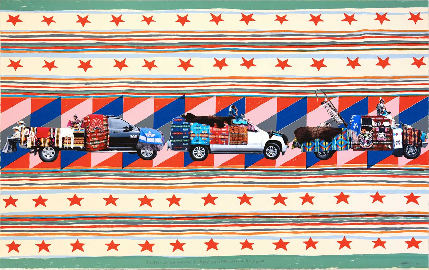 Artwork featuring trucks with people against a backdrop of a patterned blanket