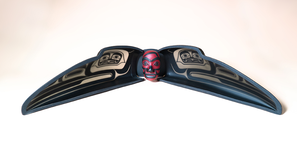Preston Singletary (Native American, Tlingit, born 1963), Raven Transformation Mask, assembled 2010, kiln-cast, colorless, opaque black, and red glass, sand-carved
