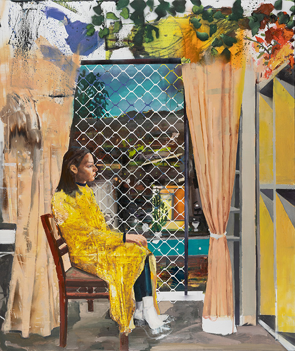 Marius Bercea (Romanian, born 1979), Yellow Sparkle, 2019, oil on canvas, 74 3/4 x 63 inches