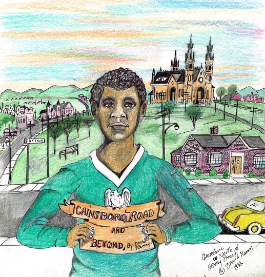 A young person in a green shirt holding a sign that reads "Gainsboro Road and Beyond, by David Ramey with a cityscape featuring a large church, brick building, and parked car in the background