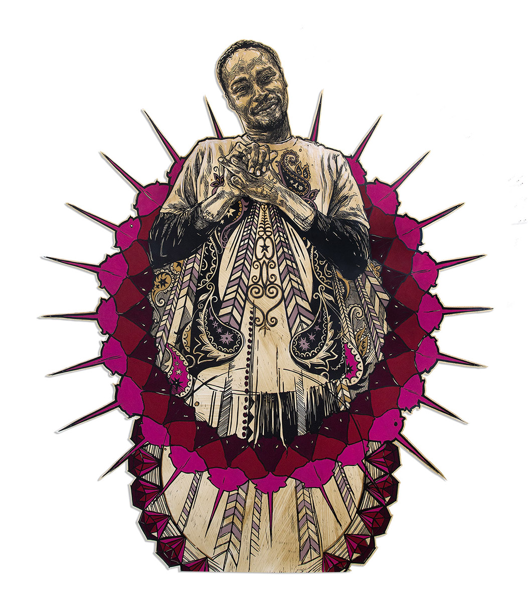 George 1, 2016, block print, coffee stain, and gouache on mylar, 84 x 69 inches, courtesy of the artist and Turner Carroll Gallery, Santa Fe