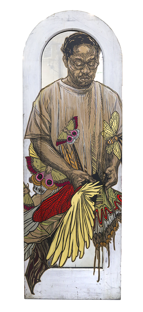 Yaya, 2018, block print and acrylic gouache on paper mounted to glass paned wooden door, 85 x 29 x 1.5 inches, courtesy of the artist and Turner Carroll Gallery, Santa Fe