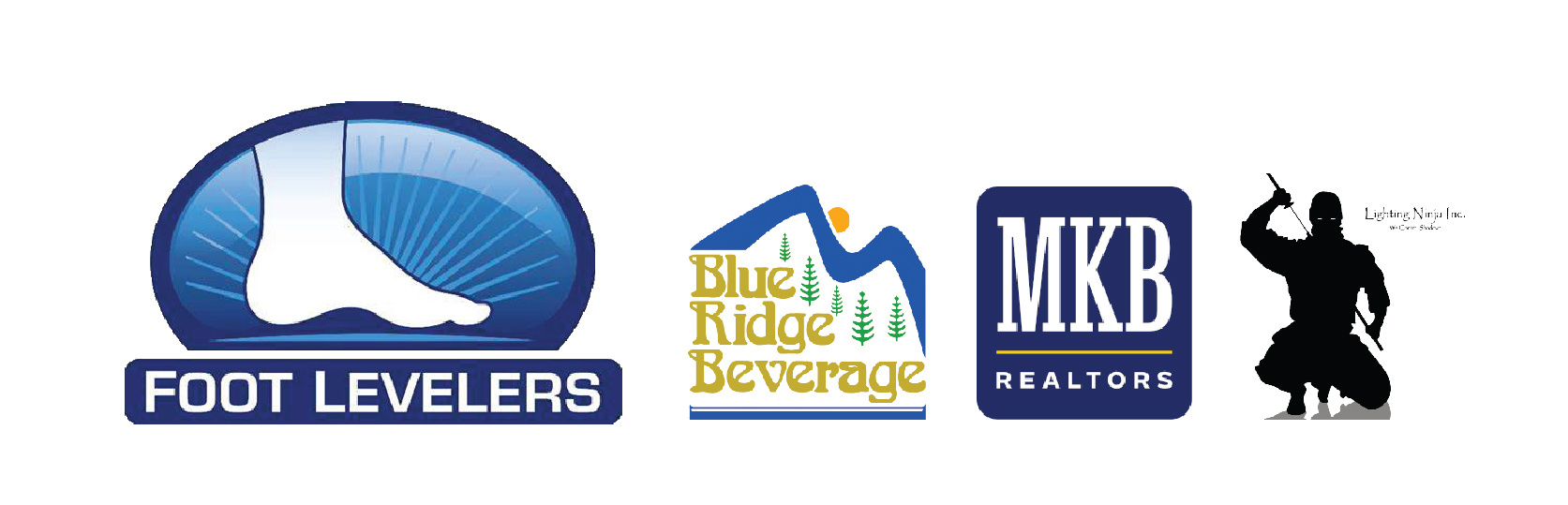 Logos for Foot Levelers, Blue Ridge Beverage, MKB Realtors, and Lighting Ninja