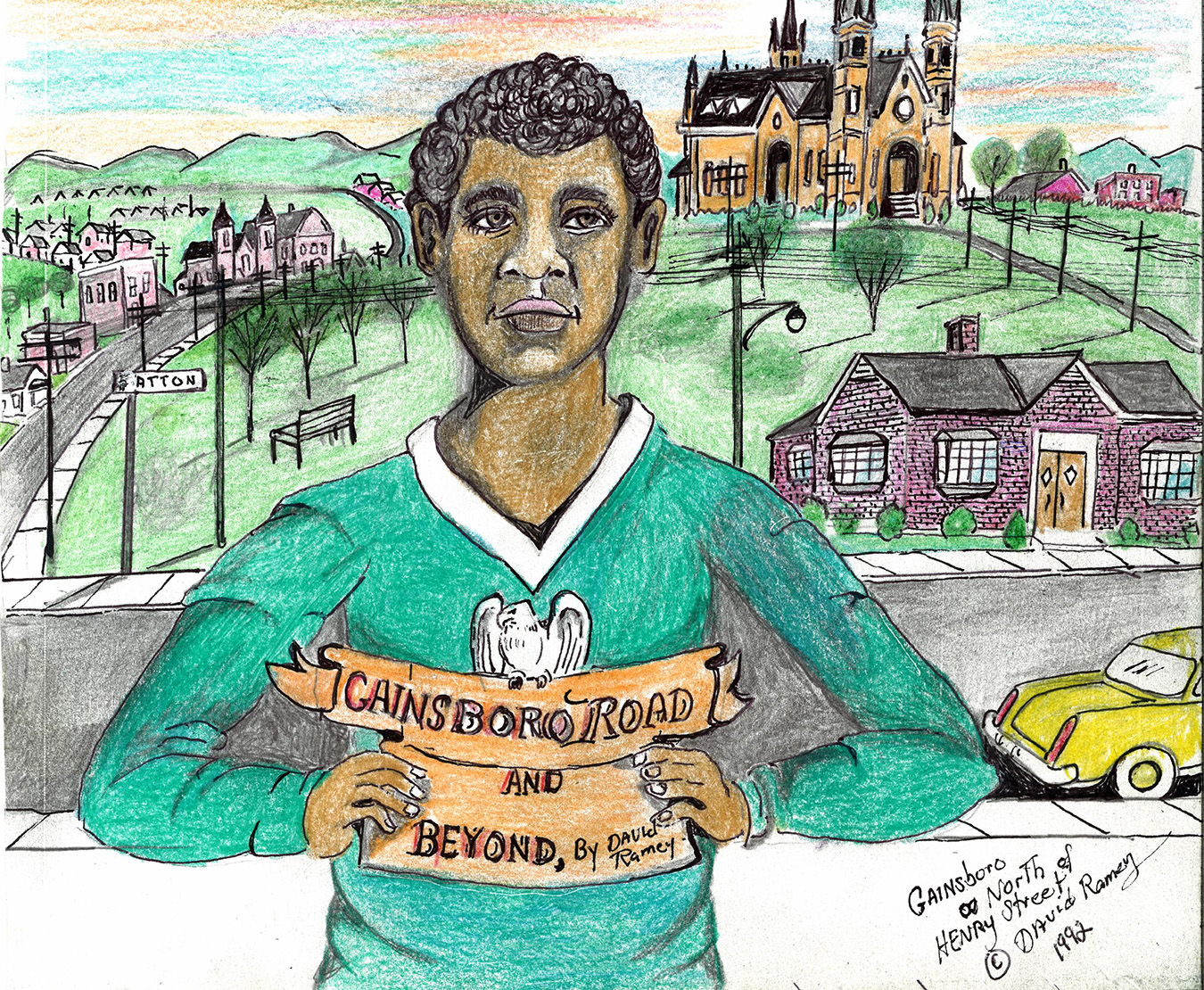 A drawing of a young boy holding a sign that says 
