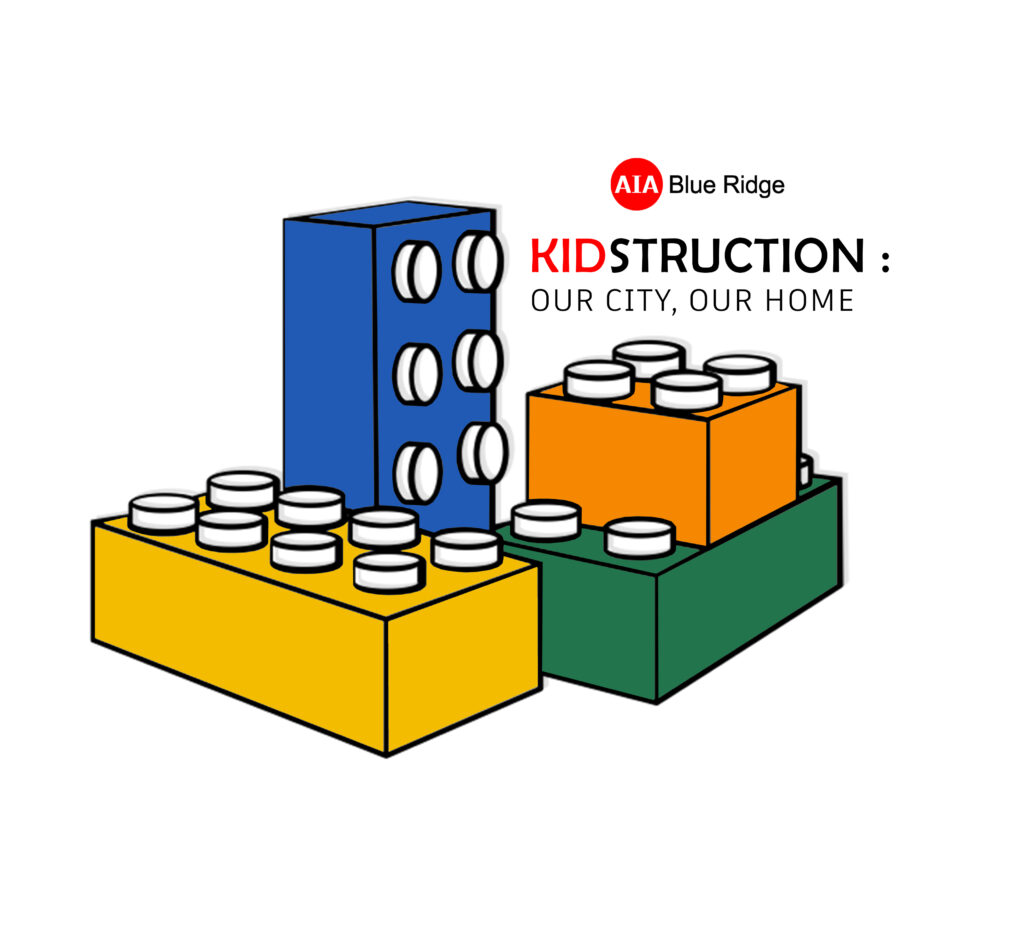 4 Lego blocks are gathered with the words: "AIA Blue Ridge Kidstruction: Our City, Our Home". The Legos are blue, orange, yellow, and green.