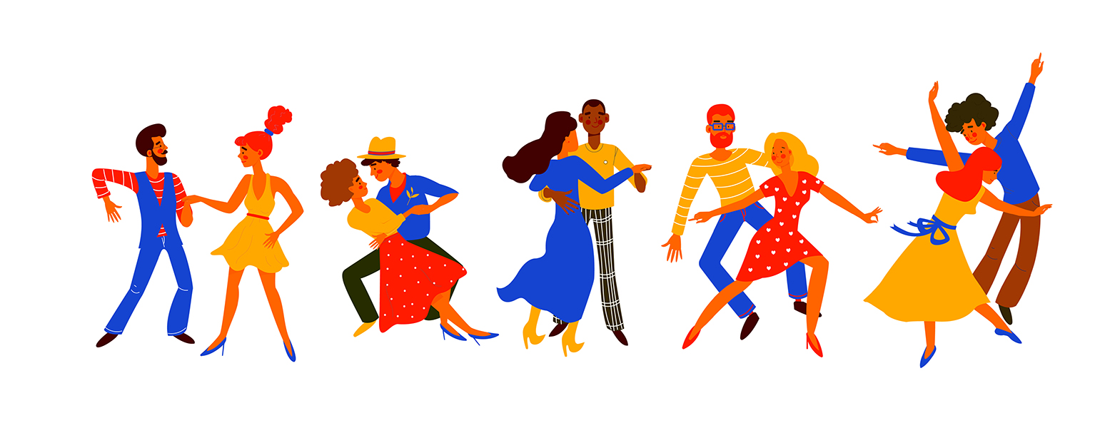 Vibrantly colored cartoonish characters swing dancing in a line