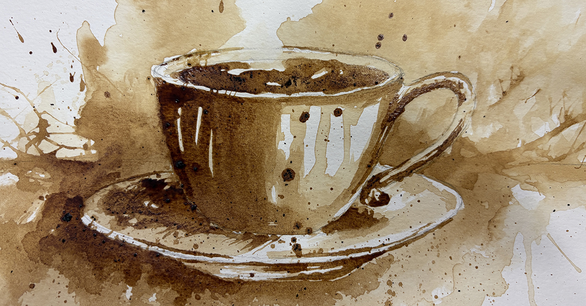 A painting of cup of steaming coffee all in brown