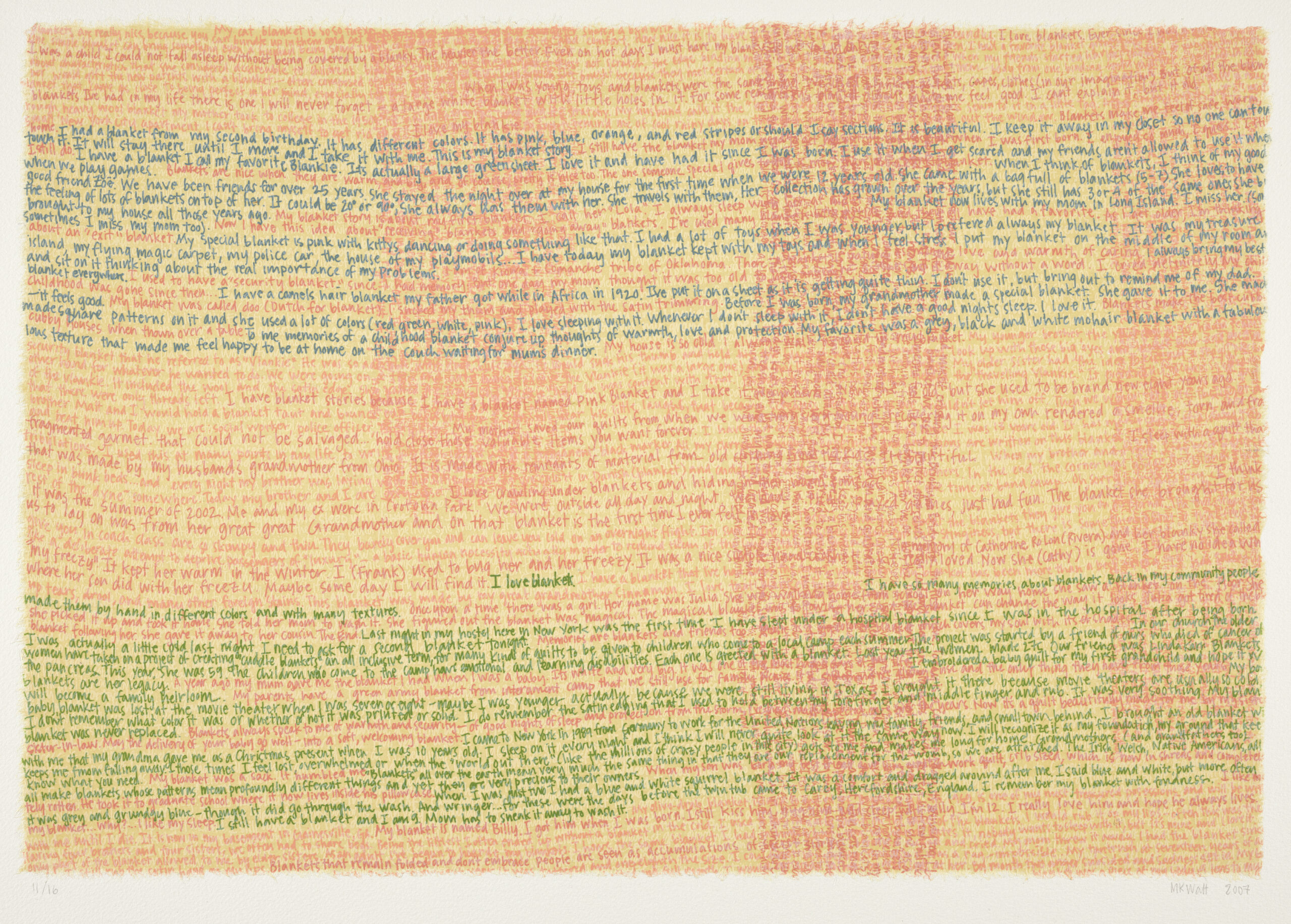Lines of text intersect horizontally and vertically, forming the illusion of a woven textile in colors of red, green, and blue