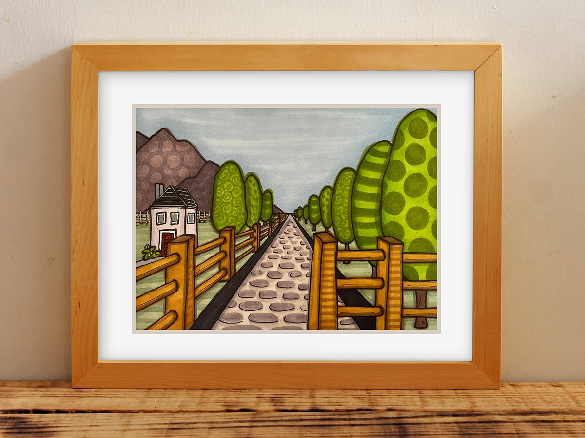 A framed drawing featuring a folk-art inspired brick pathway, fence, and trees