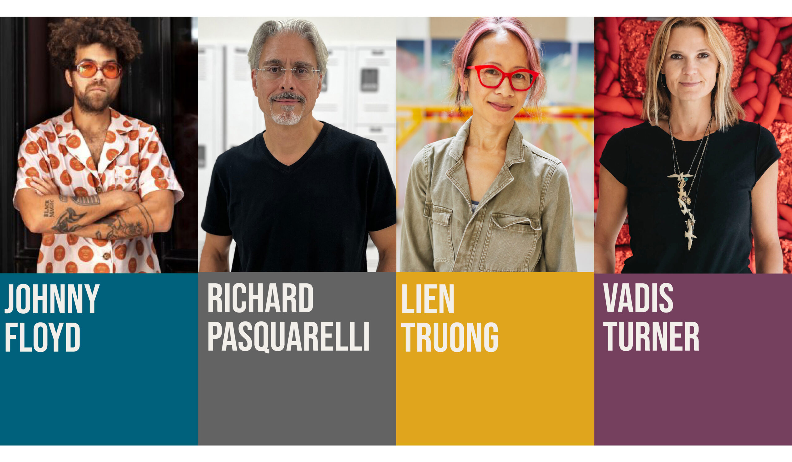 Portraits of four people with their names in white font underneath them in coloroful blocks