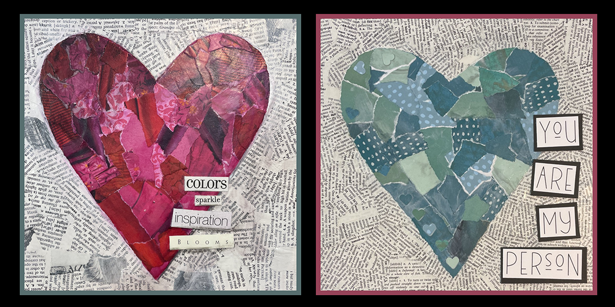 A collaged red heart and a teal heart on newspaper