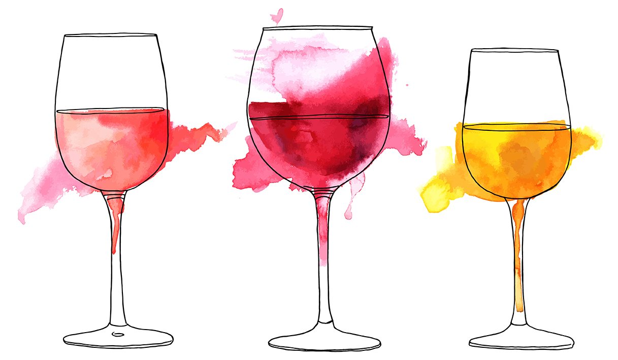 Sketch of three wine glasses with color splashes of pink, red, and yellow in the wine glasses