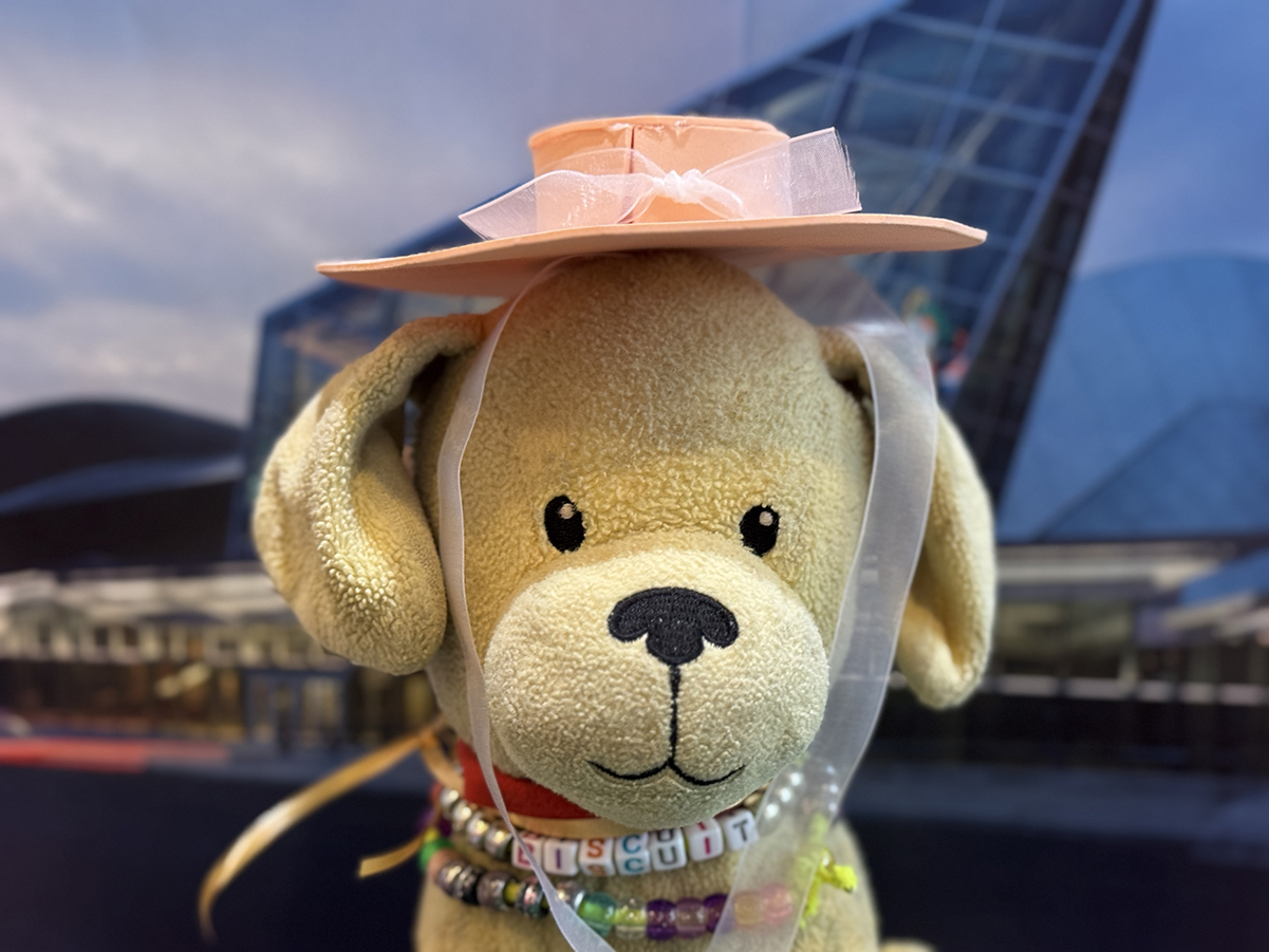 A stuffed toy dog wearing a pink cowboy hat and a beaded necklace that says 