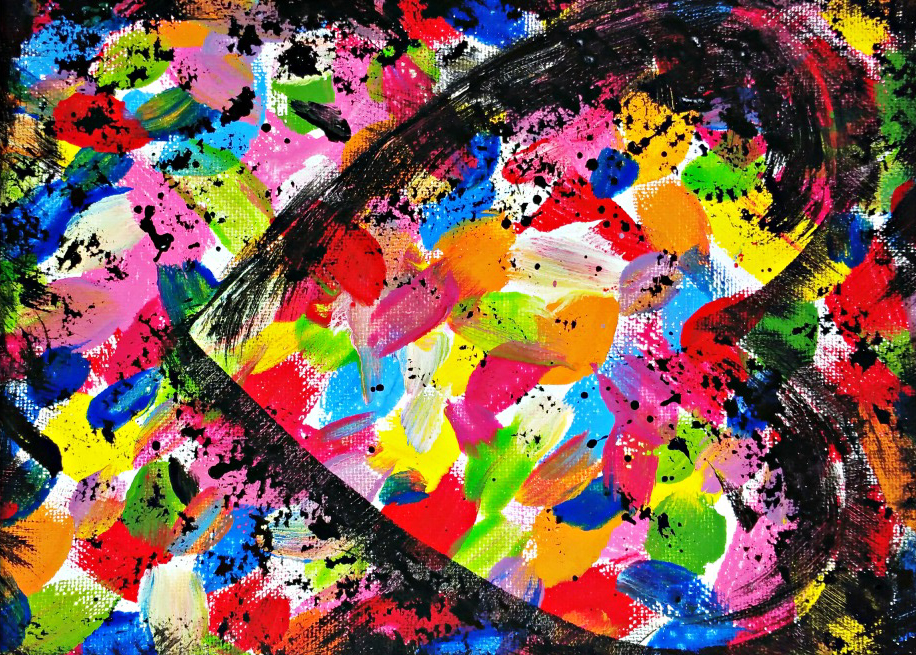 A multi-colored collage with a heart shape in the middle of it