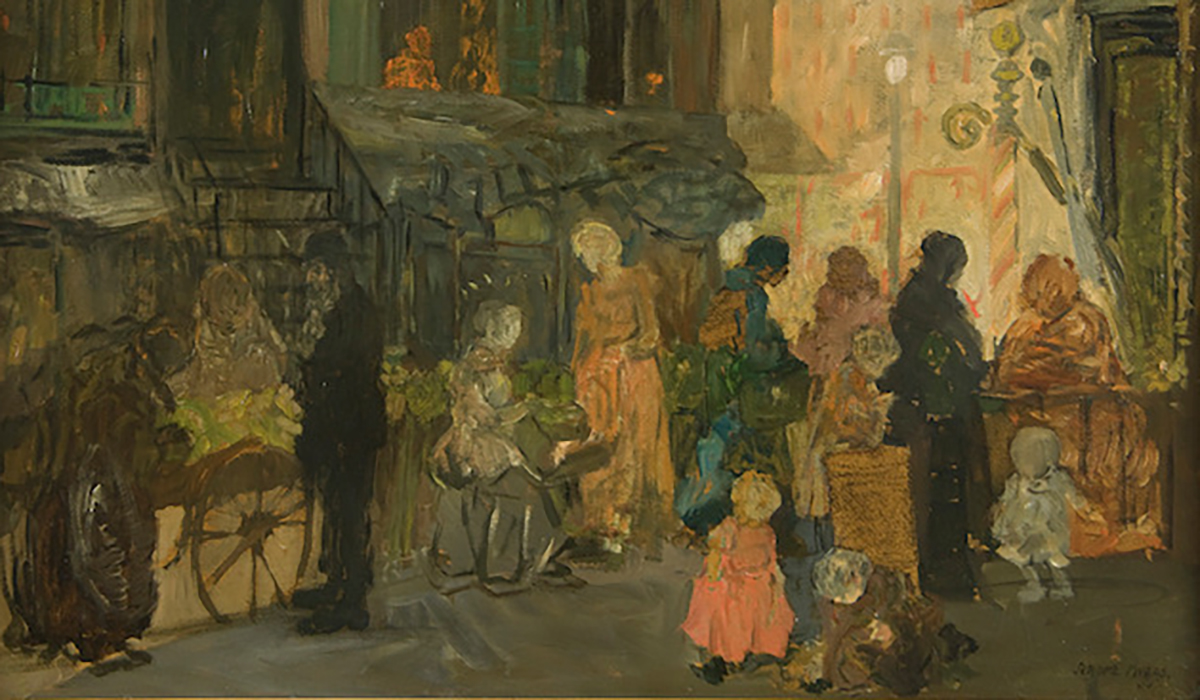 A painting featuring people in late 19th century clothing on a street in front of brownstone buildings