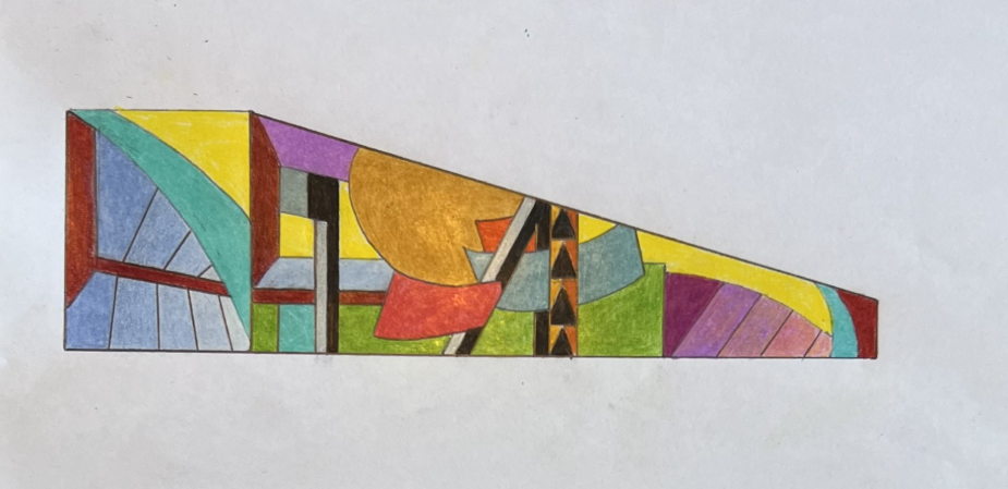 A colorful abstract geometric mural sketch.
