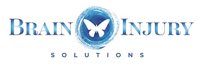 A logo for Brain Injury Solutions featuring blue text against a white background with a white butterfly in a blue circle