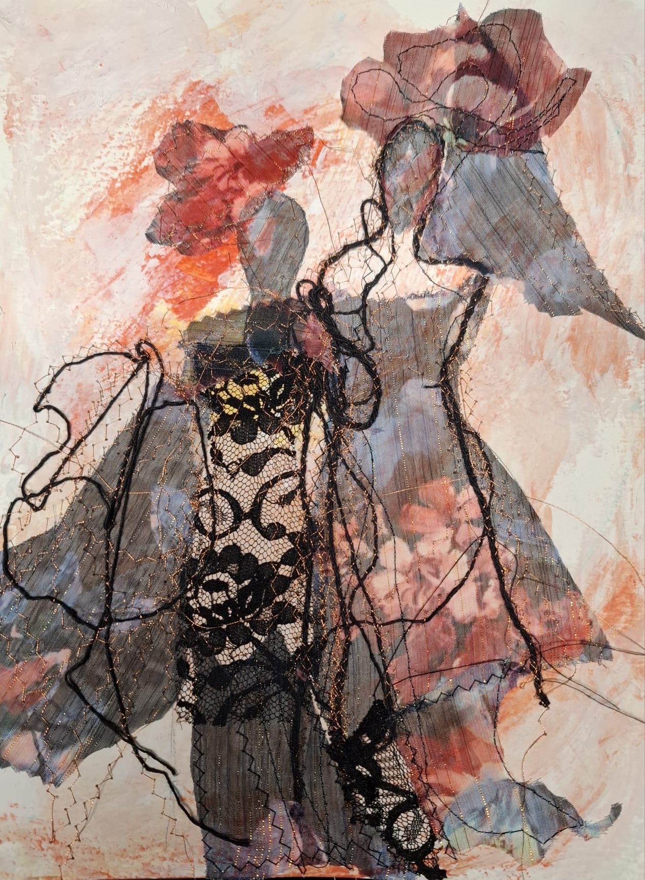 This work of art features abstract female figures overlaid with fabrics, embroidery, and floral printed paper