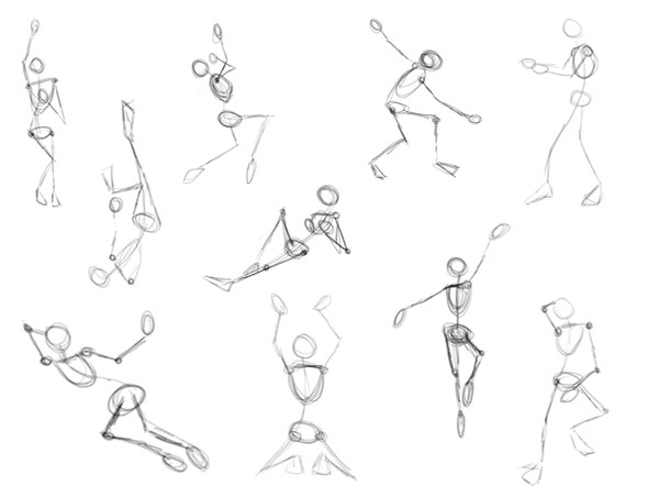 Multiplie line-drawing figures are posed in various poses of activity like dancing, running, etc.