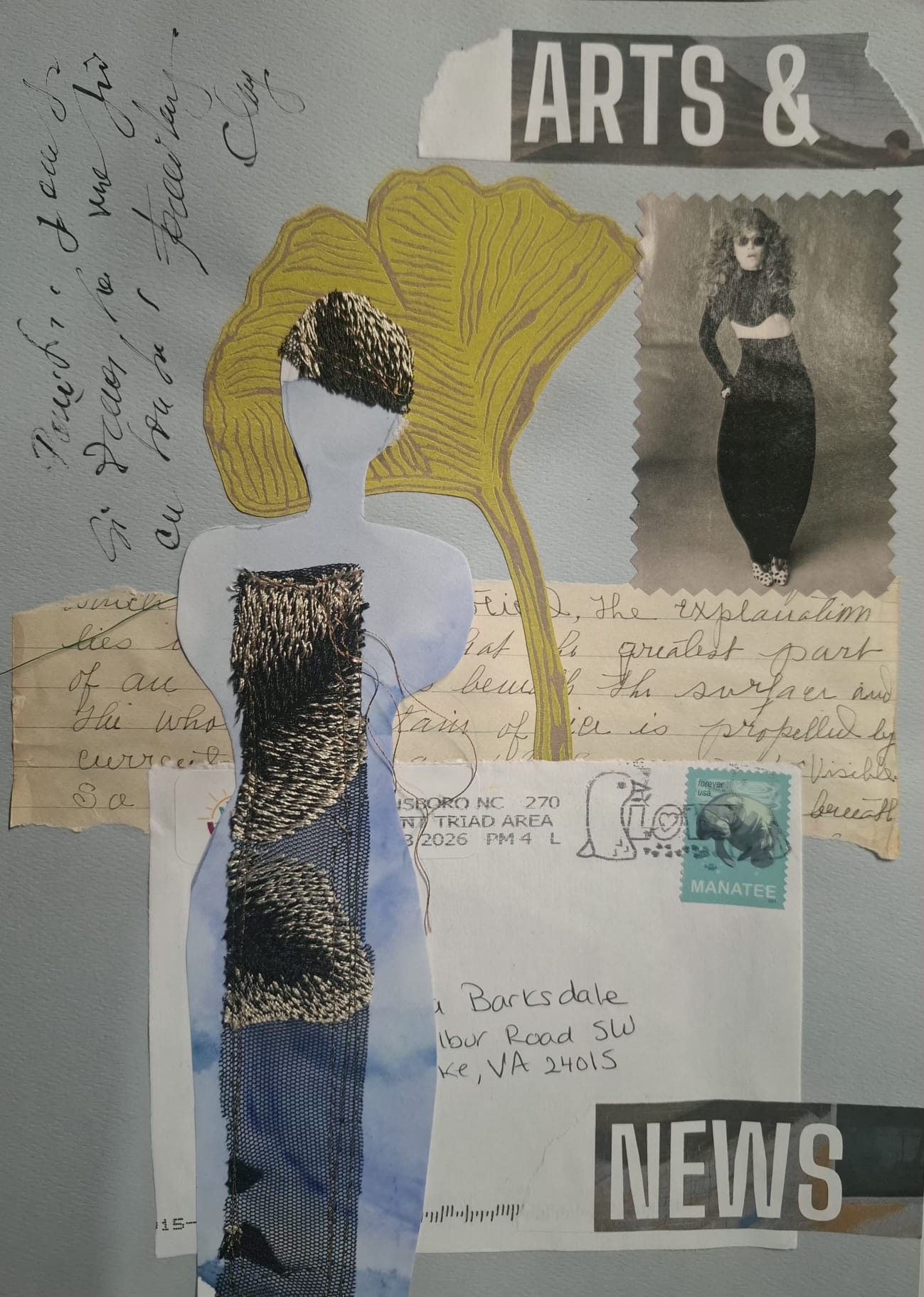 This is a work of art that features a drawn female figure with a scrap of fabric and a ginko leaf. In the background are a number of collaged pieces such as an envelope and handwritten notes