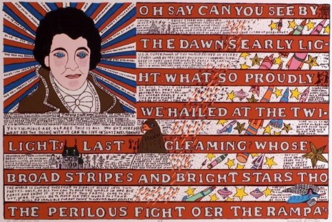 A stylized version of the American flag with writings and an image of a man in the blue square where the stars typcially appear.