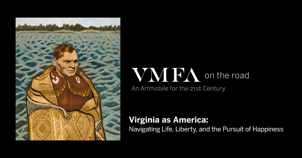 Graphic featuring a person wrapped in a blanket with water behind them and the words VMFA on the Road Virginia As America