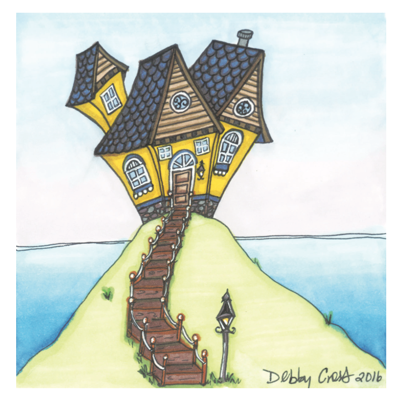 This drawing shows a yellow distorted house sitting on a grassy hill, surrounded by water