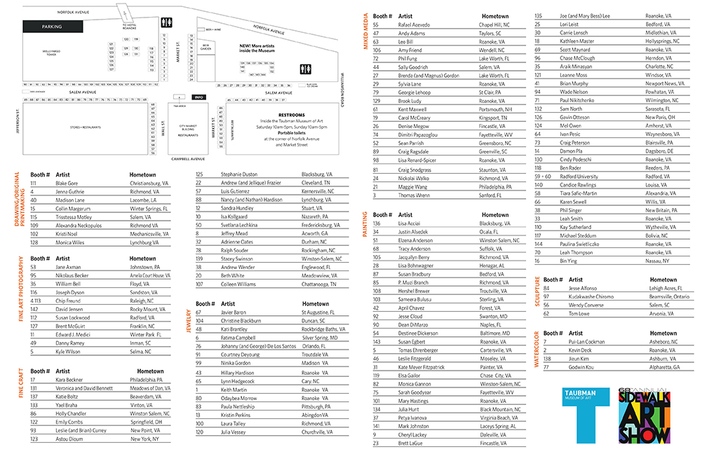 A map with a listing of artists' names listed by media shown at the 68th Annual Sidewalk Art Show